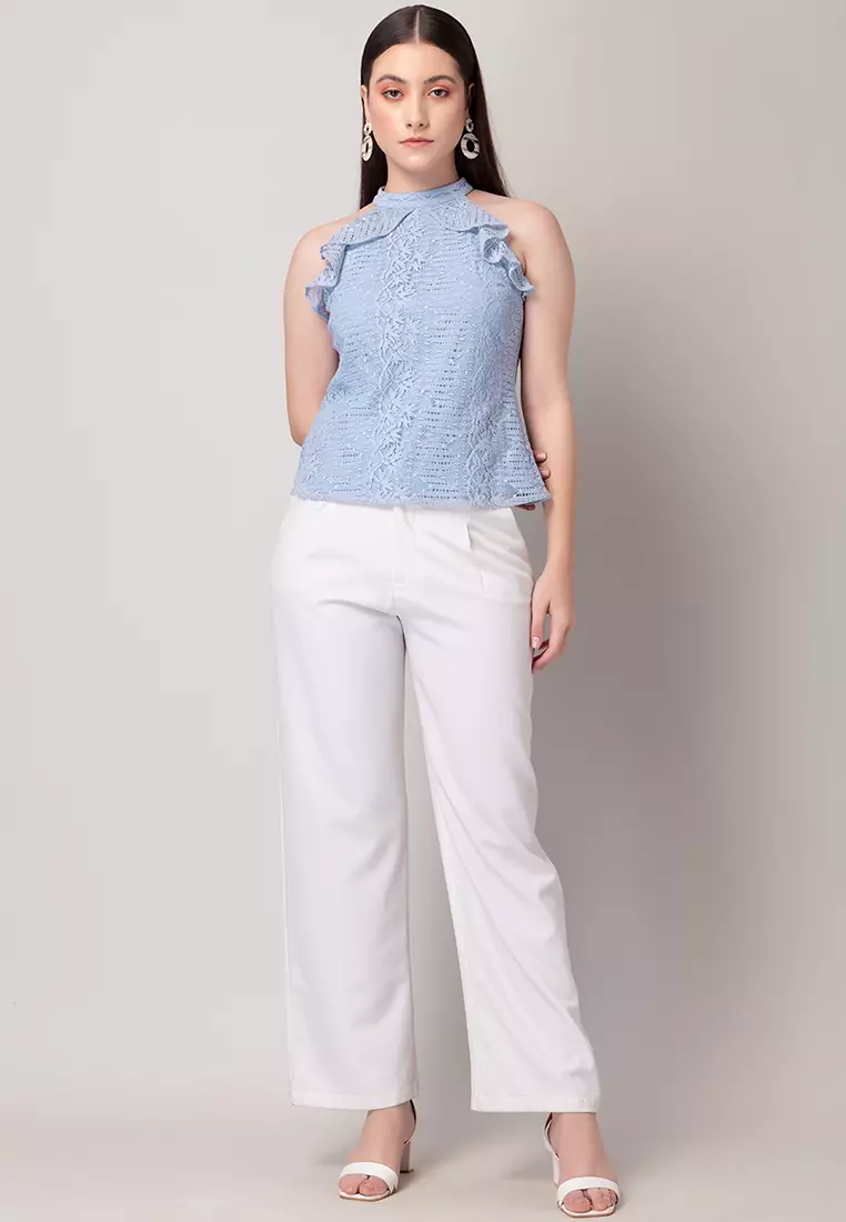 Pastel Blue Halter Neck Ruffle Top