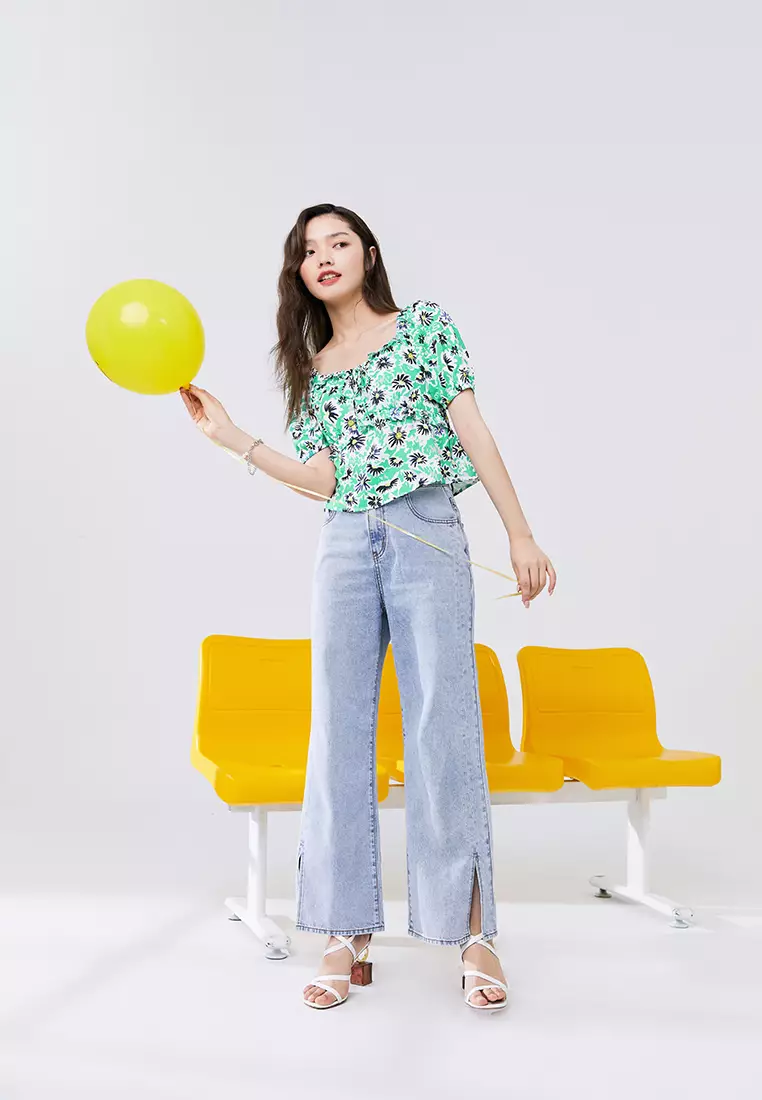 Puff Sleeve Tropical Cropped Top