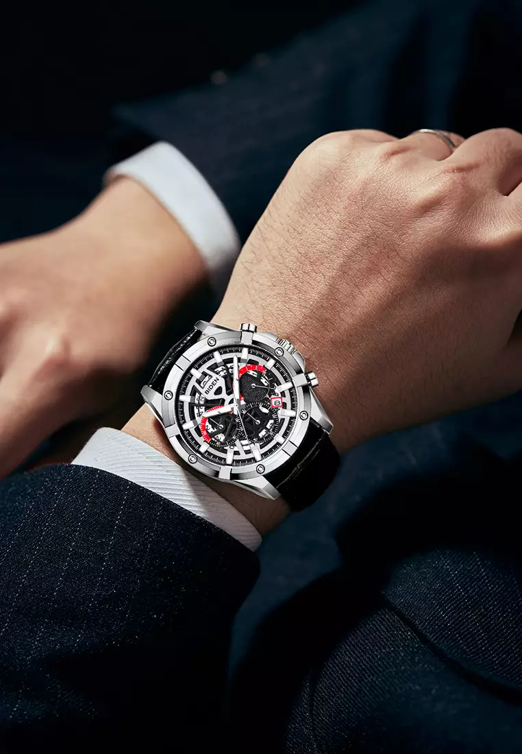 Jam Tangan Pria Original Kalender Sports Anti Air Tali Kulit Jam Tangan Cowok black silver