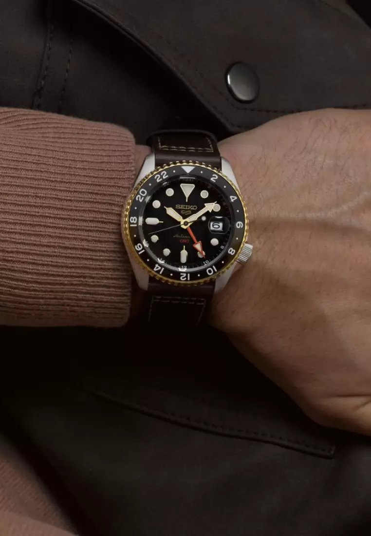 Seiko 5 Sports SKX GMT In Mocha Black Dial Dark Brown Calfskin Leather Band Automatic Watch SSK036K1