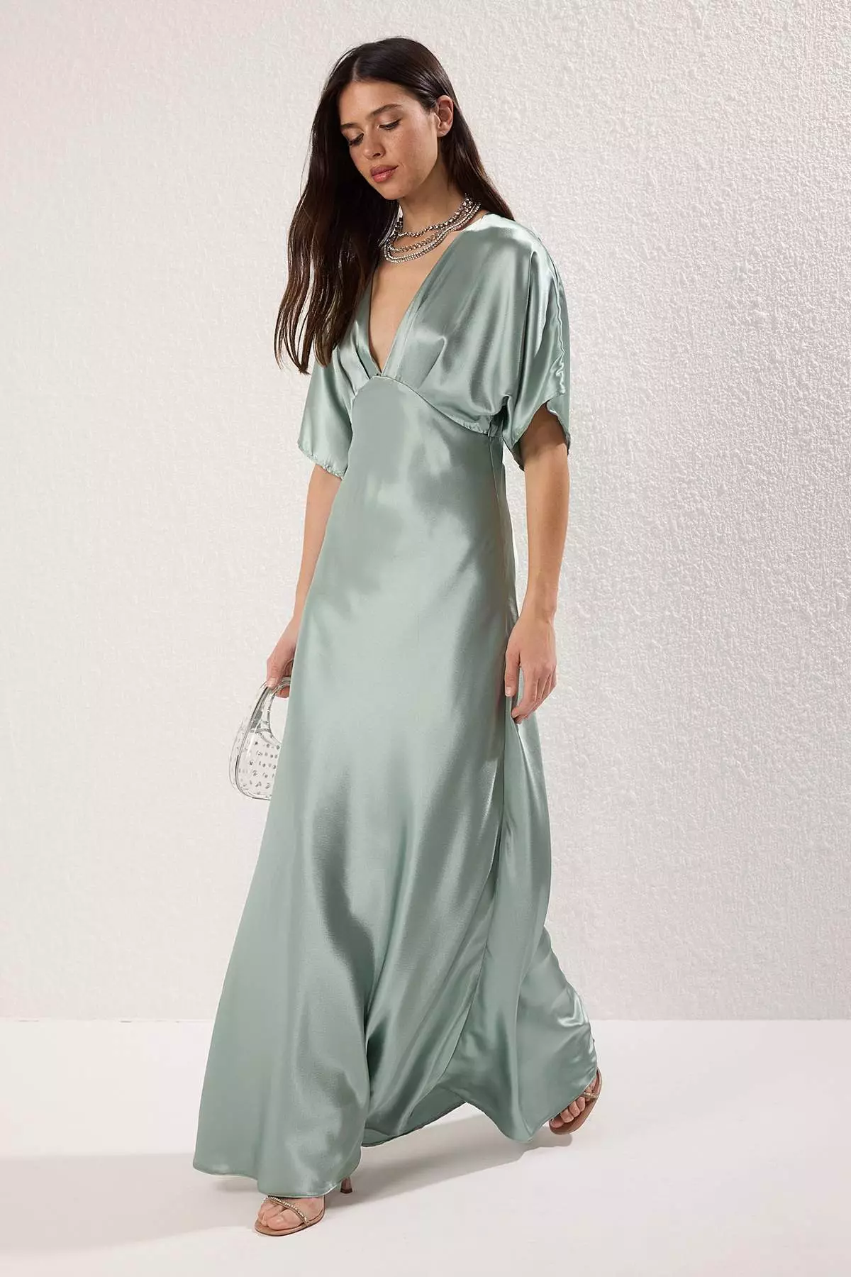 Mint V Neck Satin Maxi Evening Dress