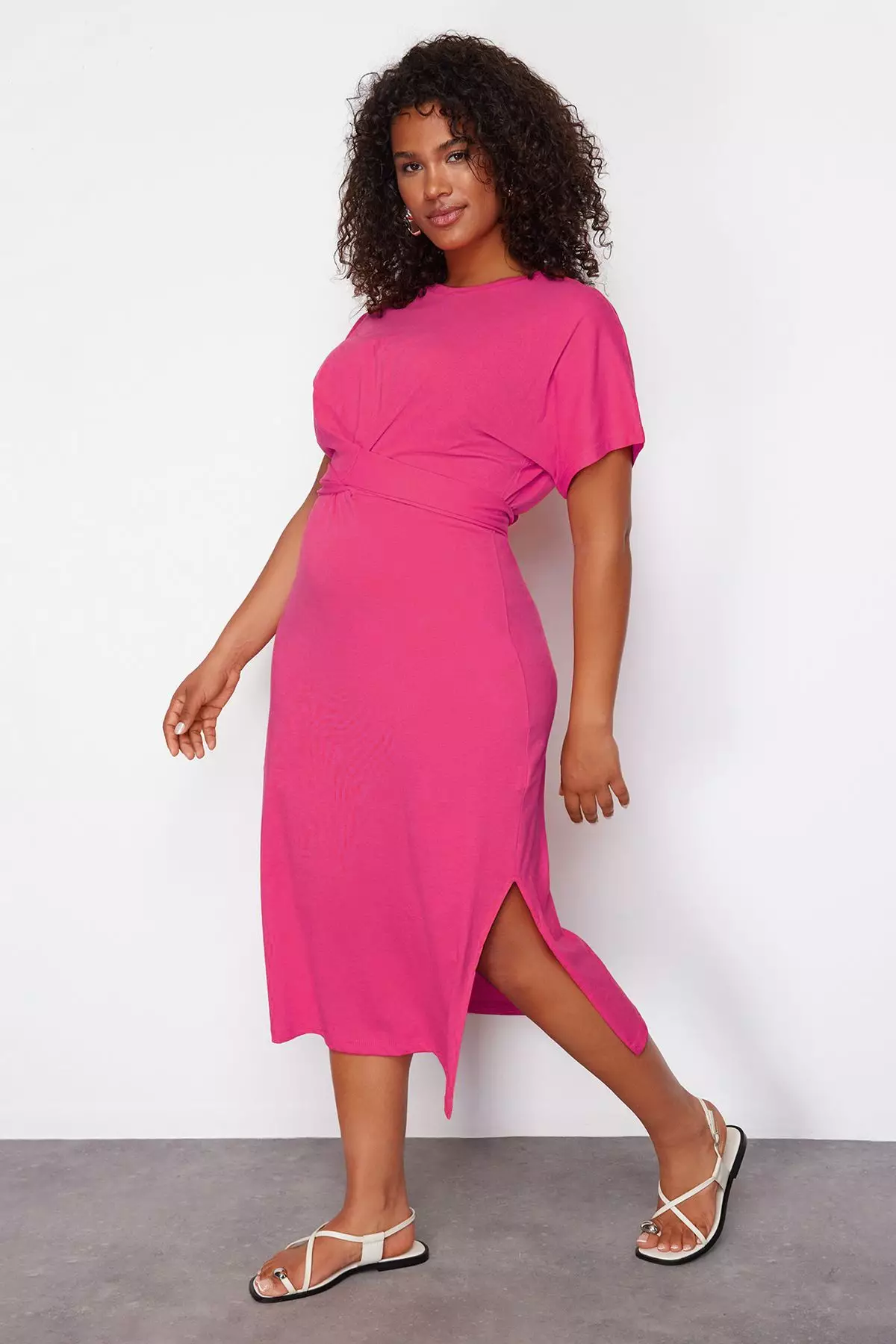 Pink Straight Cut Tie Detail With Slits Maxi/Long 100% Cotton Knitted Plus Size Dress Tbbss22El1640