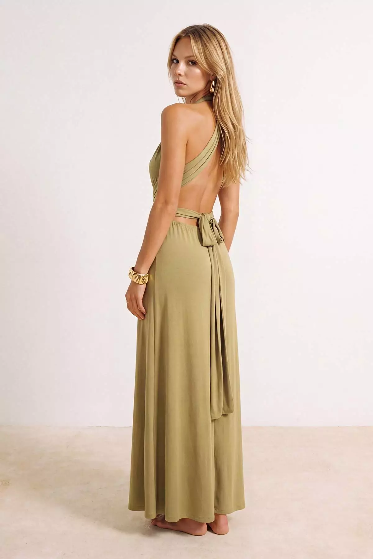 Light Khaki Knitted Maxi Beach Dress With Tie Detail Tbess21El2992