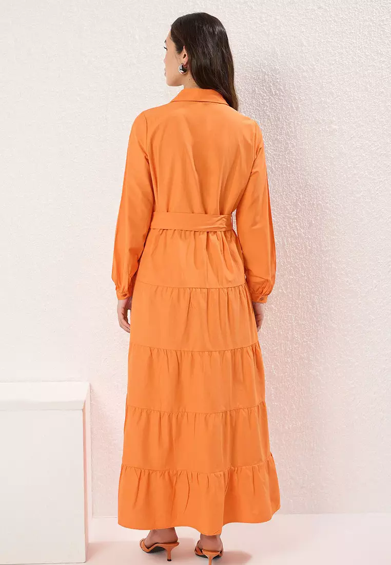 Orange Belted Layered Skirt Woven Cotton Dress Tctss25Eb00112