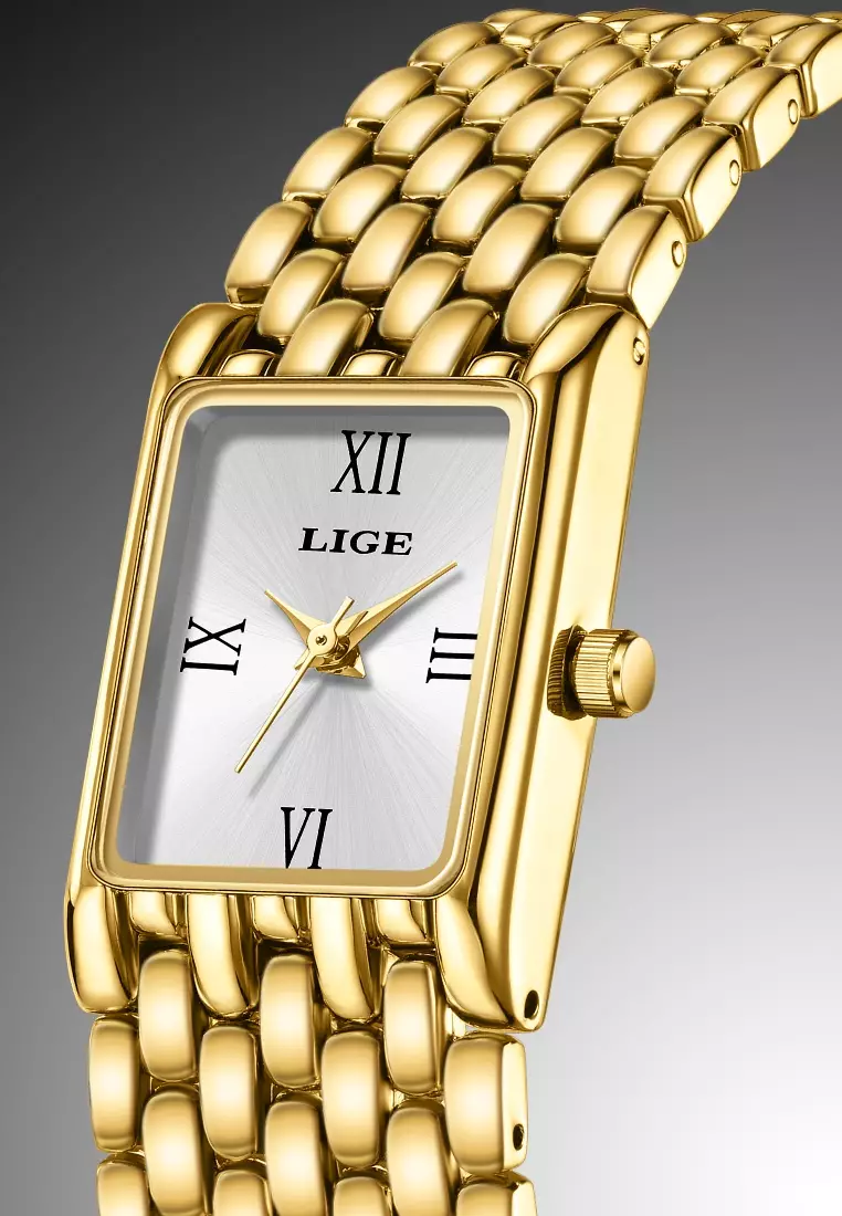 Ladies Rectangular Quartz Watch, 29X20mm, IP Gold Color Stainless Steel, Metal Bracelet