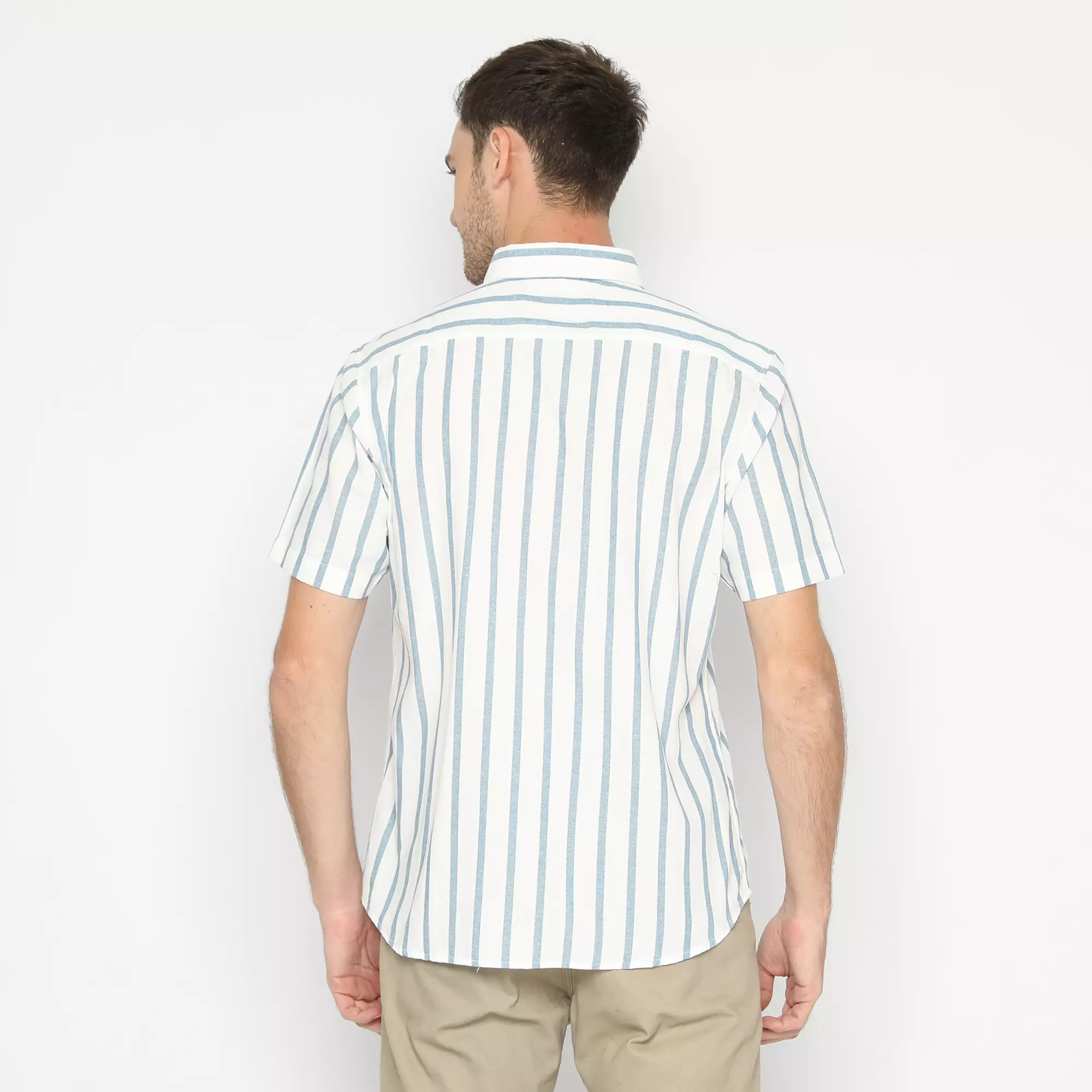 Platini Kemeja Motif Salur Pria Lengan Pendek Katun Oxford Biru 73272