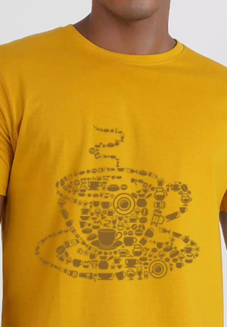 Coffee Graphic Yellow Cotton Short Sleeve Regular Fit T-Shirt
