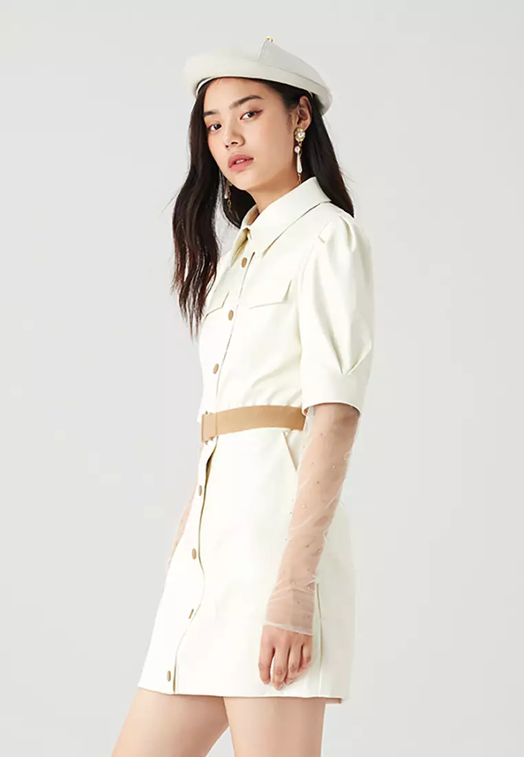 Layered Long Sleeve Shirt Dress with Belt