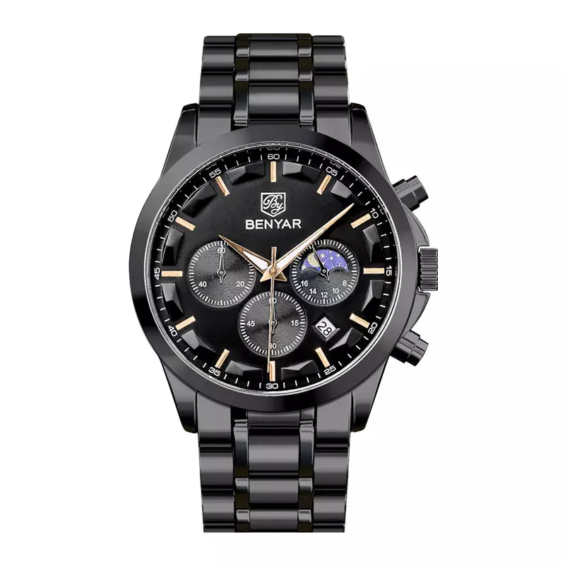 Jam Tangan Pria Benyar BY-5160SS-BLKBLK Chronograph Black Dial Black Stainless Steel Strap
