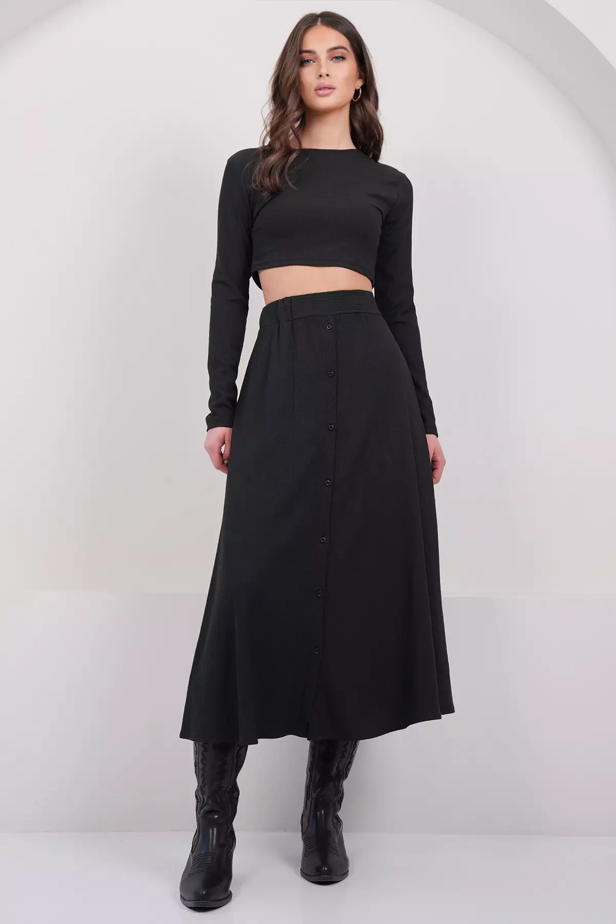 Women'S Black Crew Neck Cropped Blouse And Maxi Skirt Set Alc-X15015