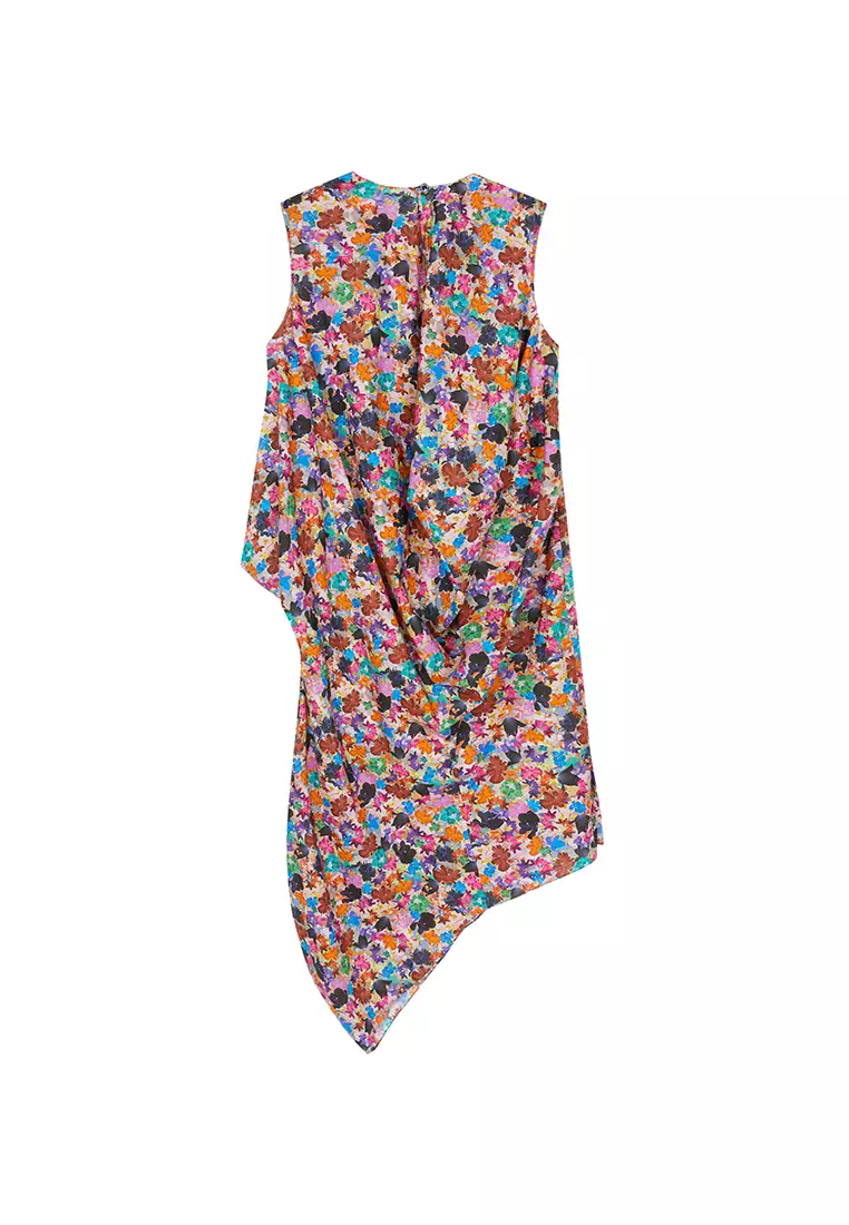 全棉未來主義花朵花型無袖連衣裙