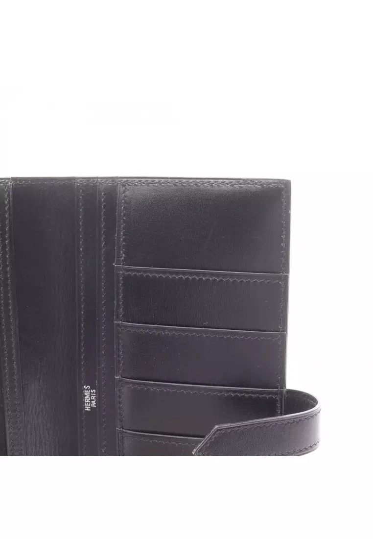 Pre-Loved Hermès bear souffle Bi-fold Long Wallet box calf black silver hardware □H stamp