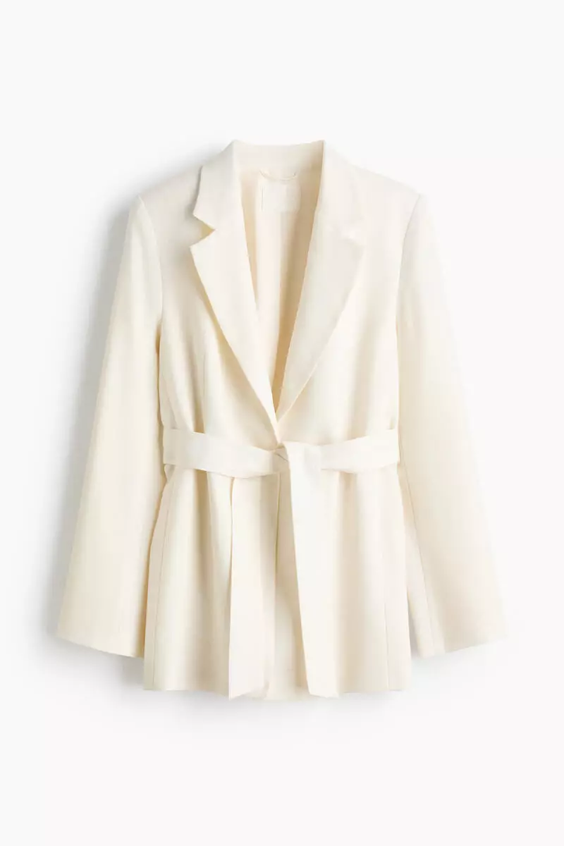 Textured-weave tie-belt blazer