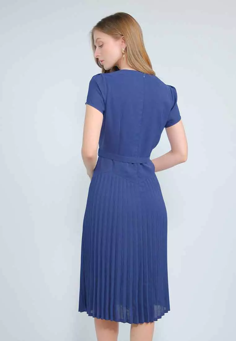 Amethyst V-neck Dress with Pleated Skirt and Adjustable Belt