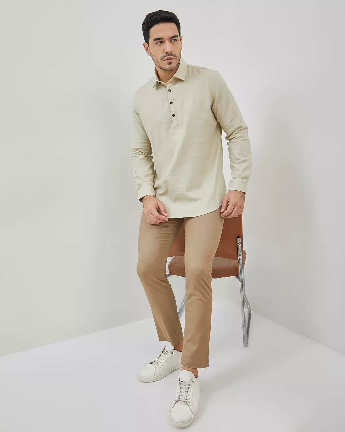 MEN'S CREAM HALF-PLACKET LONG-SLEEVED REGULAR SHIRT