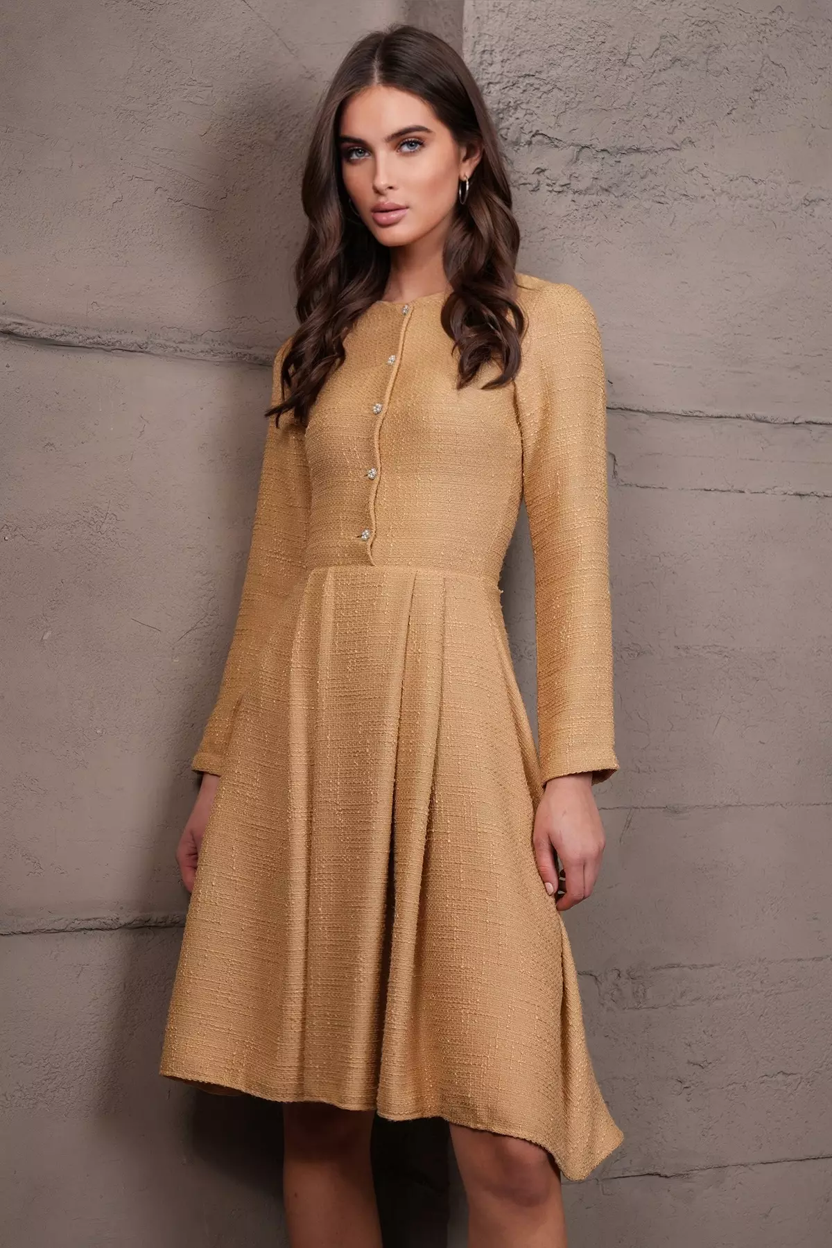 Women'S Dark Beige Pearl Button Skirt Pleated Midi Length Tweed Dress Alc-X14981