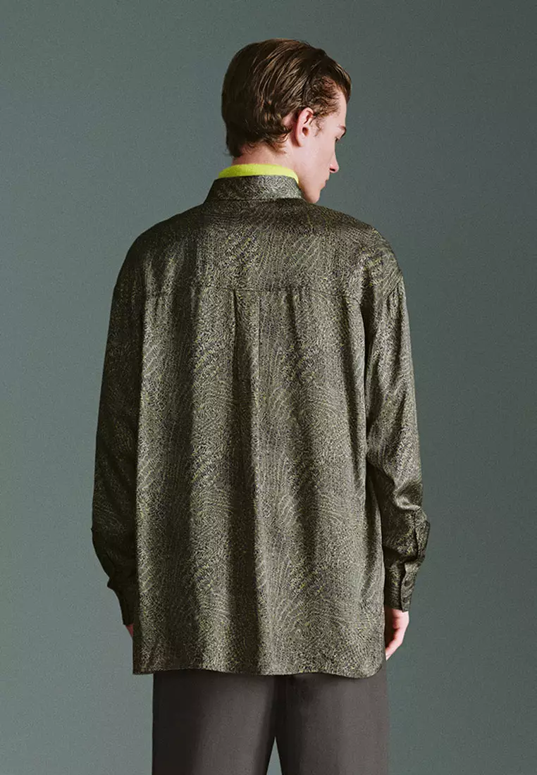 UR春季新款男装时尚超宽松印花不对称开襟衬衫UMF250009