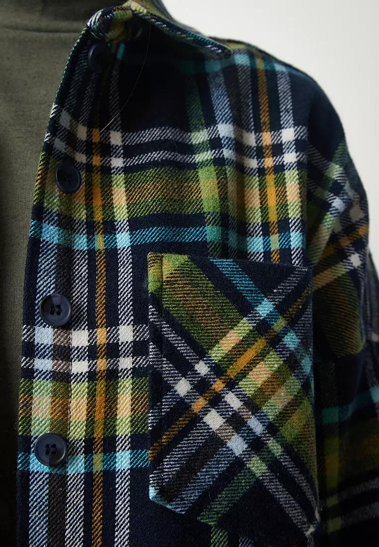 Women's Navy Blue Green Patterned Oversize Stamp Woodcutter Shirt Tu00034