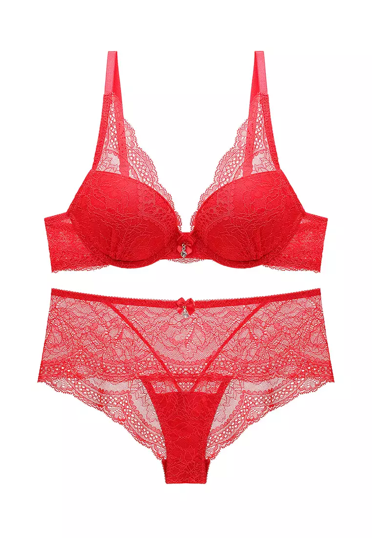 Red Cotton Woman Padded Lace Push Up Bra Panty Lingerie Set, Size