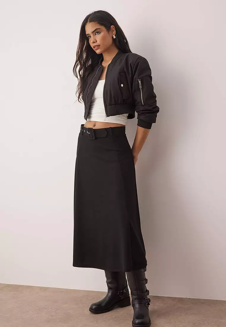 Black Belt Detailed Skater Maxi Flexible Knit Skirt Twoaw26Et00067