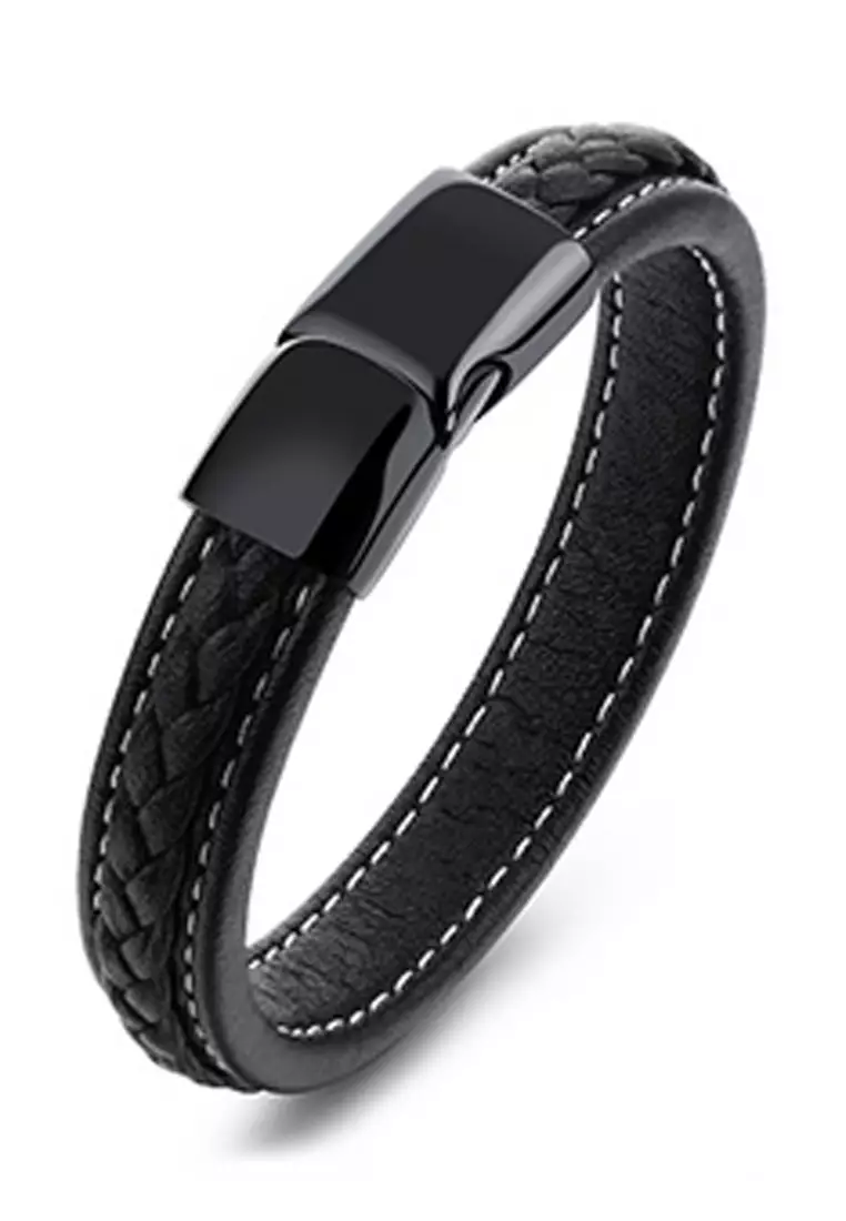 Mens black leather and silver clearance bracelets