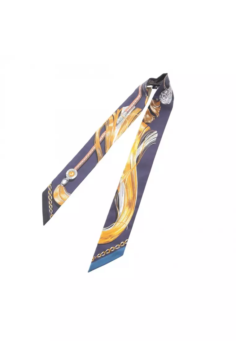 Pre-Loved Hermès twilly Cavalcades ribbon scarf silk Navy multicolor