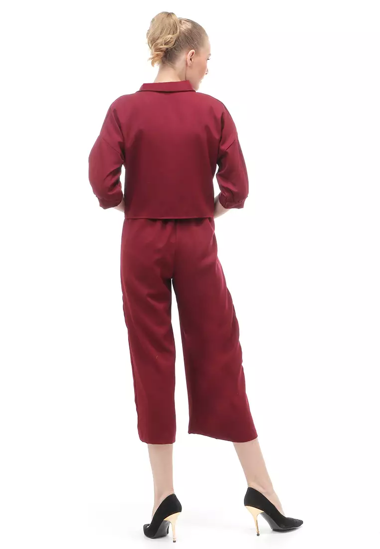 Jumpsuit Wanita Casual Motif Solid Setelan Relaxed Fit - Maroon