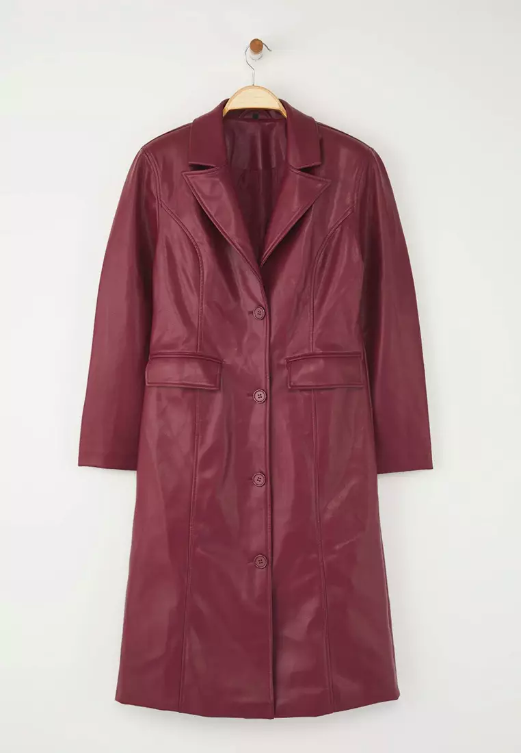 Burgundy Faux Leather Mono Closure Regular Long Coat