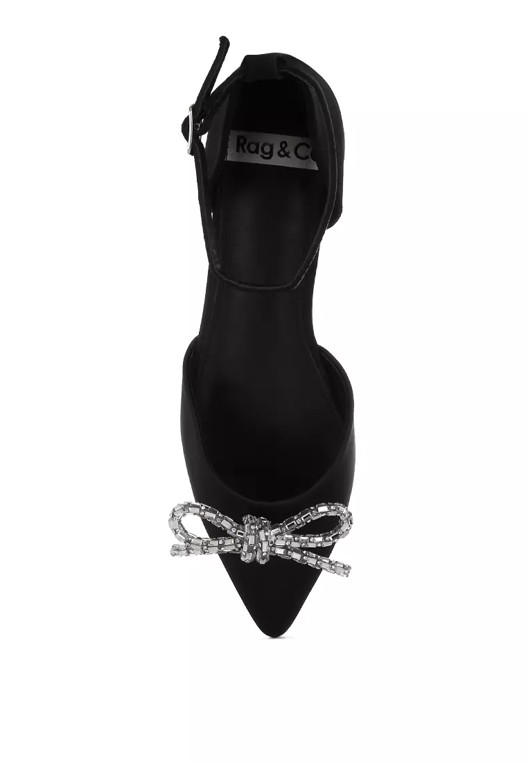Rhinestone Detail Bow Flat Sandals in Black