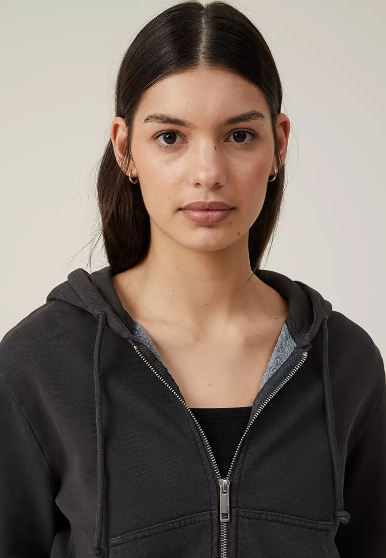 Washed Cropped Zip Through Hoodie