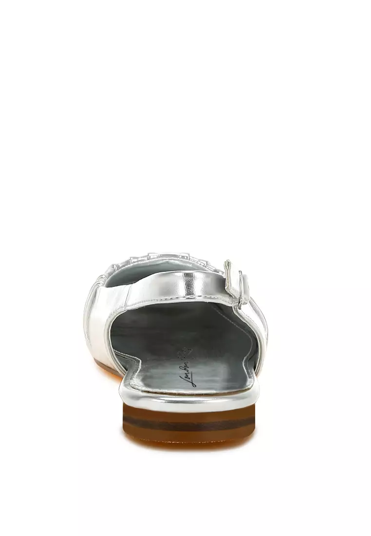 Sepatu Slingback Datar Ujung Persegi Metalik Warna Perak