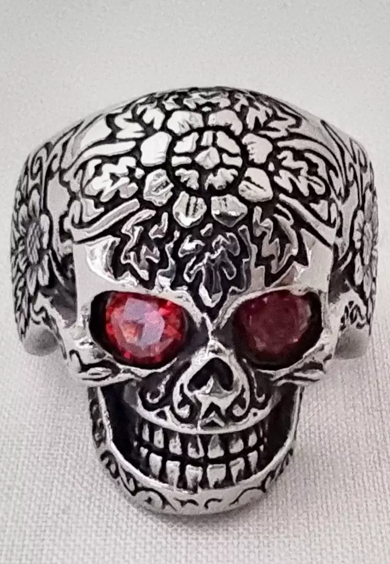 Accessories Pria Red Eyed Skull Head Premium Stainless-Steel Cincin Pria Ring Silver