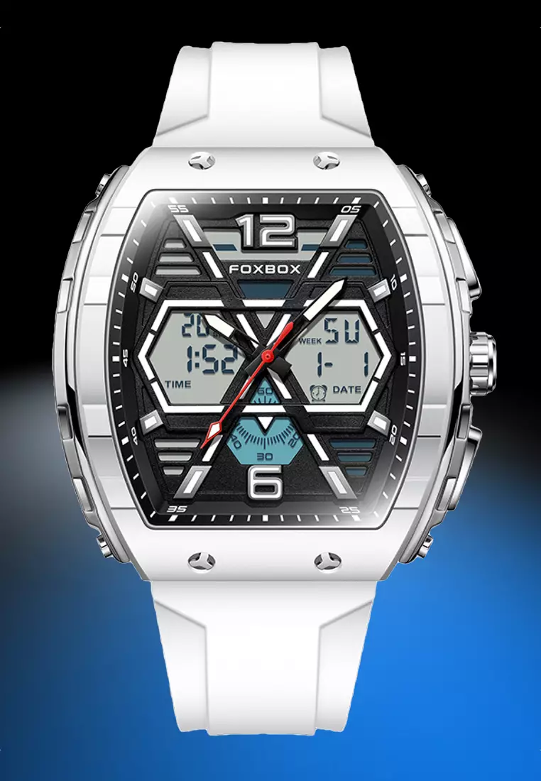 FOXBOX Chronograph Unisex Silver Color Metal Alloy Quartz Watch, 50x48mm, Black Dial, White Rubber Strap