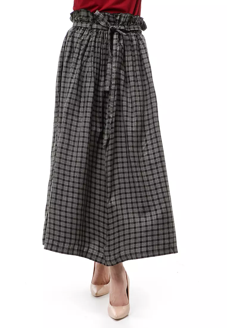 Amel Long Skirt Bawahan Wanita Motif Kotak-Kotak Regular Fit - Black
