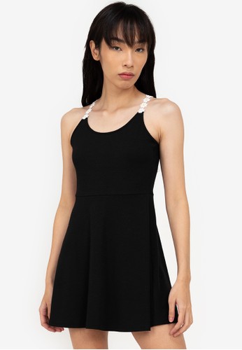 ZALORA BASICS black Floral Trim Rib Skater Dress 33E42AA29C7494GS_1