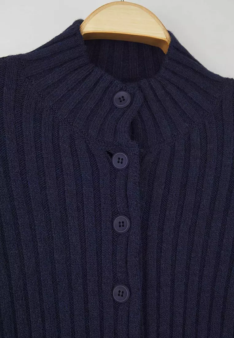Wardrobe Essentials Navy Blue Wide-Cut Ribbed Soft Textured Knit Cardigan | Twoaw26Hi00091