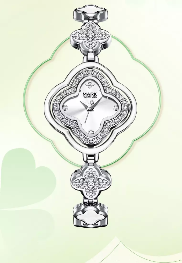 女士幸運四葉草不鏽鋼石英腕錶，鑲有水晶，金屬錶帶