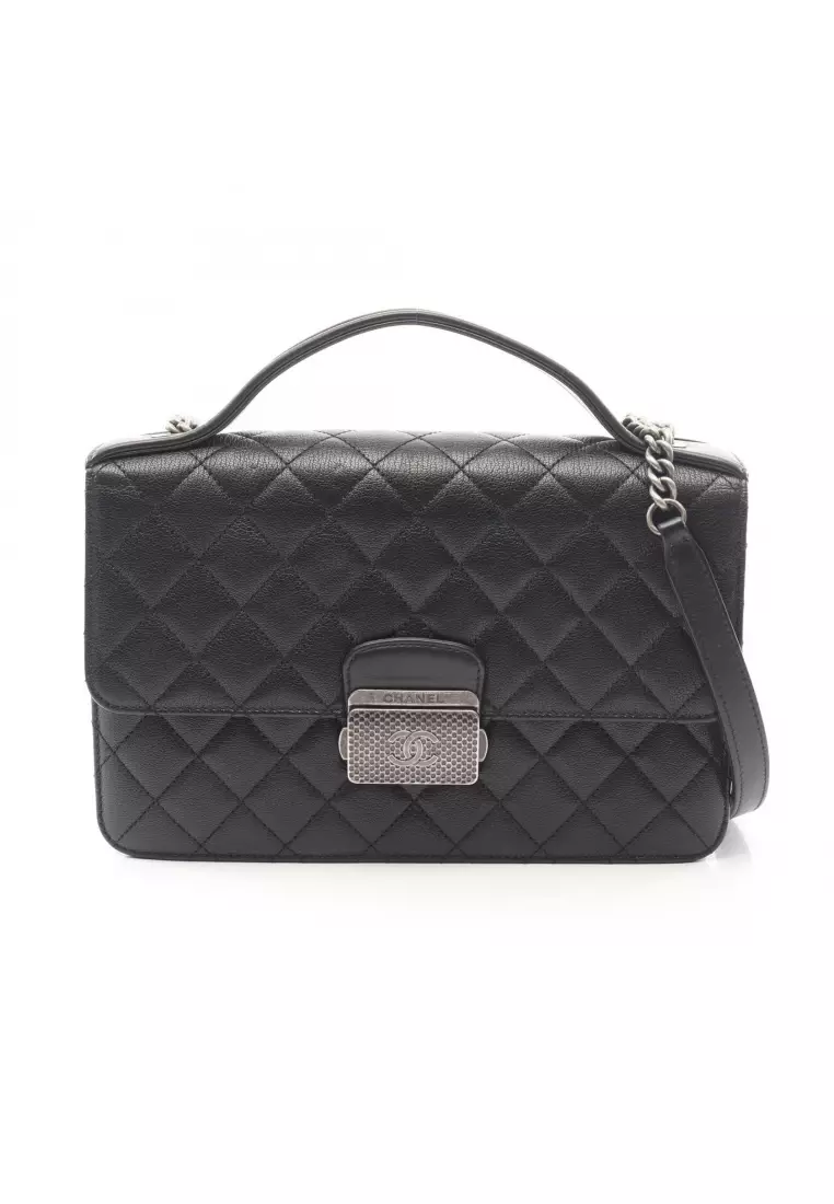 Pre-Loved Chanel CC University matelasse chain shoulder bag Caviar skin black antique silver hardware 2WAY