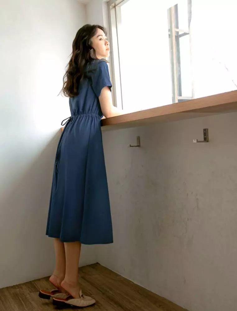 Denim Waist-tie Flared Hem Dress [DA8483]