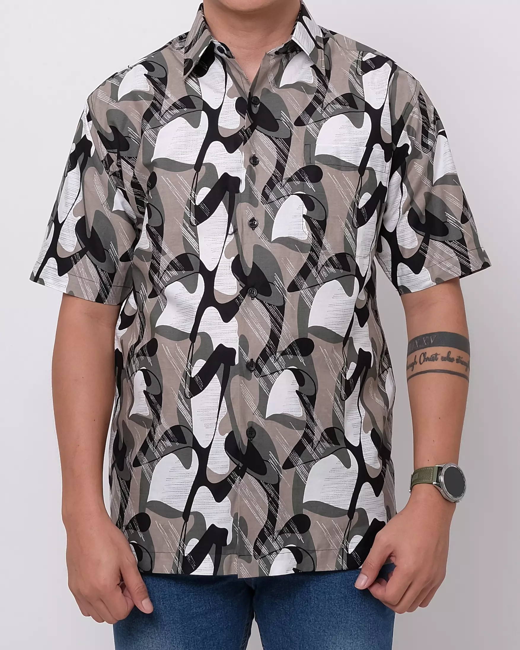 Andre Michel Kemeja Lengan Pendek Abu Motif Hijau 16763