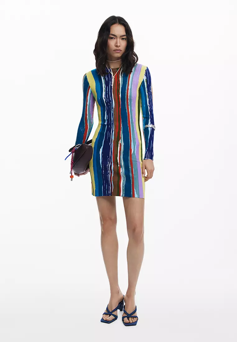 Ribbed dress with colored stripes