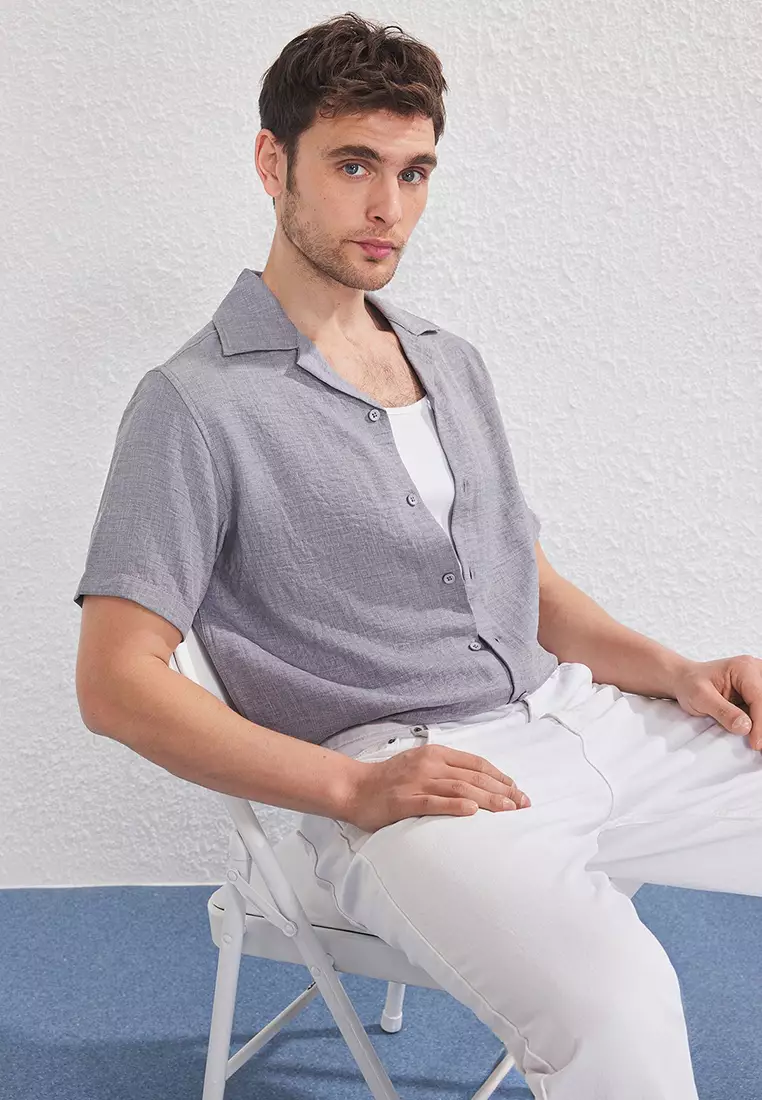 Grey Regular Fit Linen Look Loose Loose Shirt TMNSS25GO00075