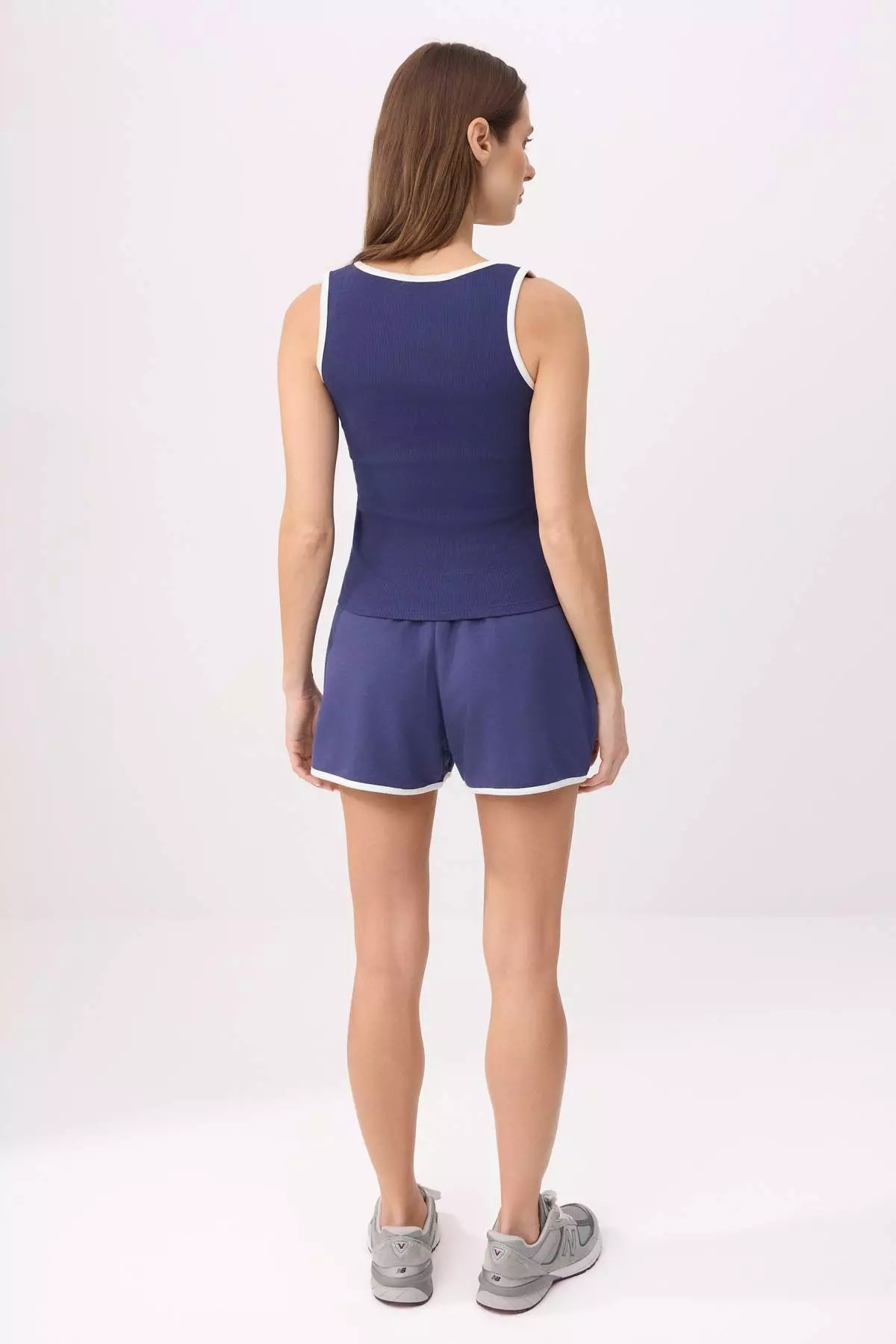 Navy Blue Ribbed Fitted/Fitted Fit Ribbed Stretch Knitted Top And Bottom Set With Pocket Detail Twoss26Au81