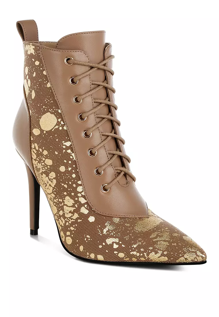 Abstract Pattern Lace-Up Ankle Boots in Brown