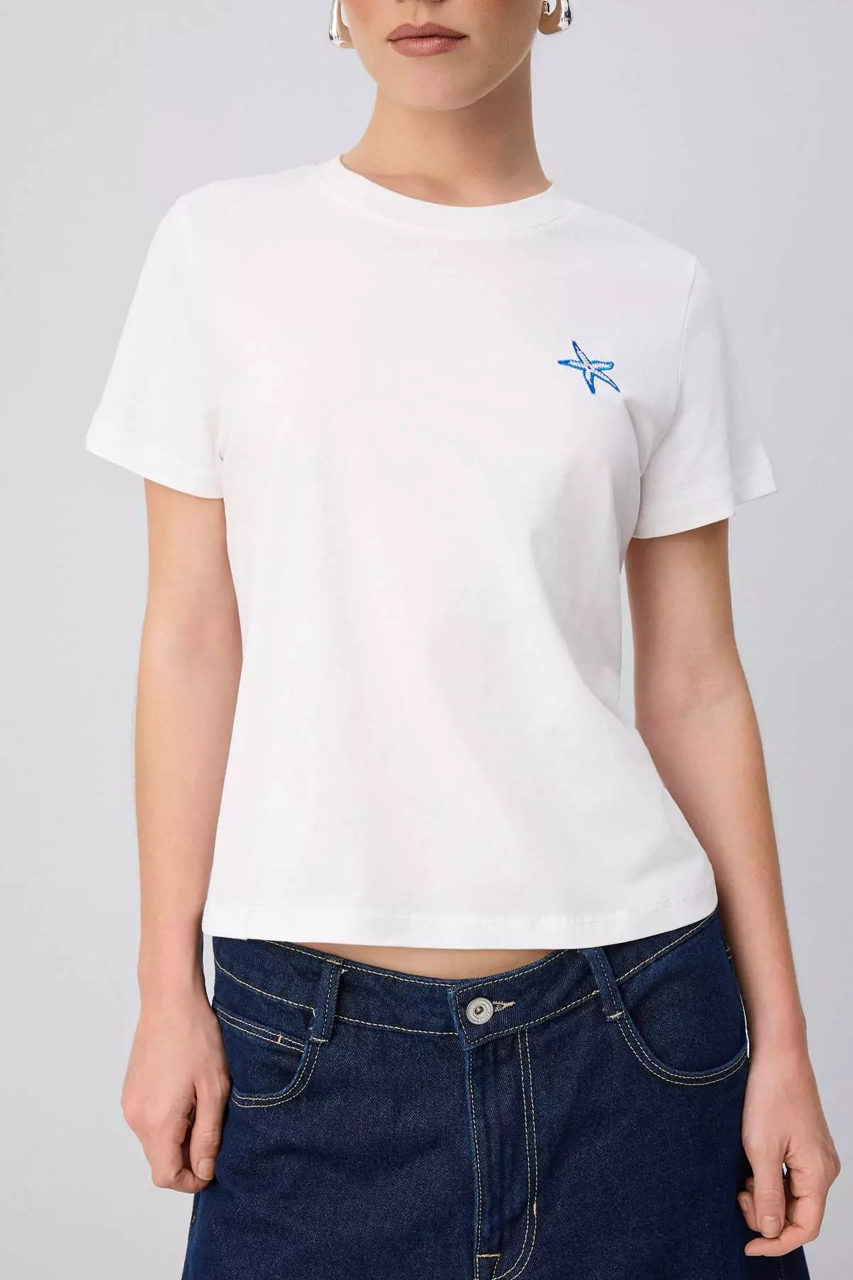 Ecru Embroidered Regular Crew Neck Standard Sleeve Short 100% Cotton Knitted T-Shirt Twoss26Ts00124