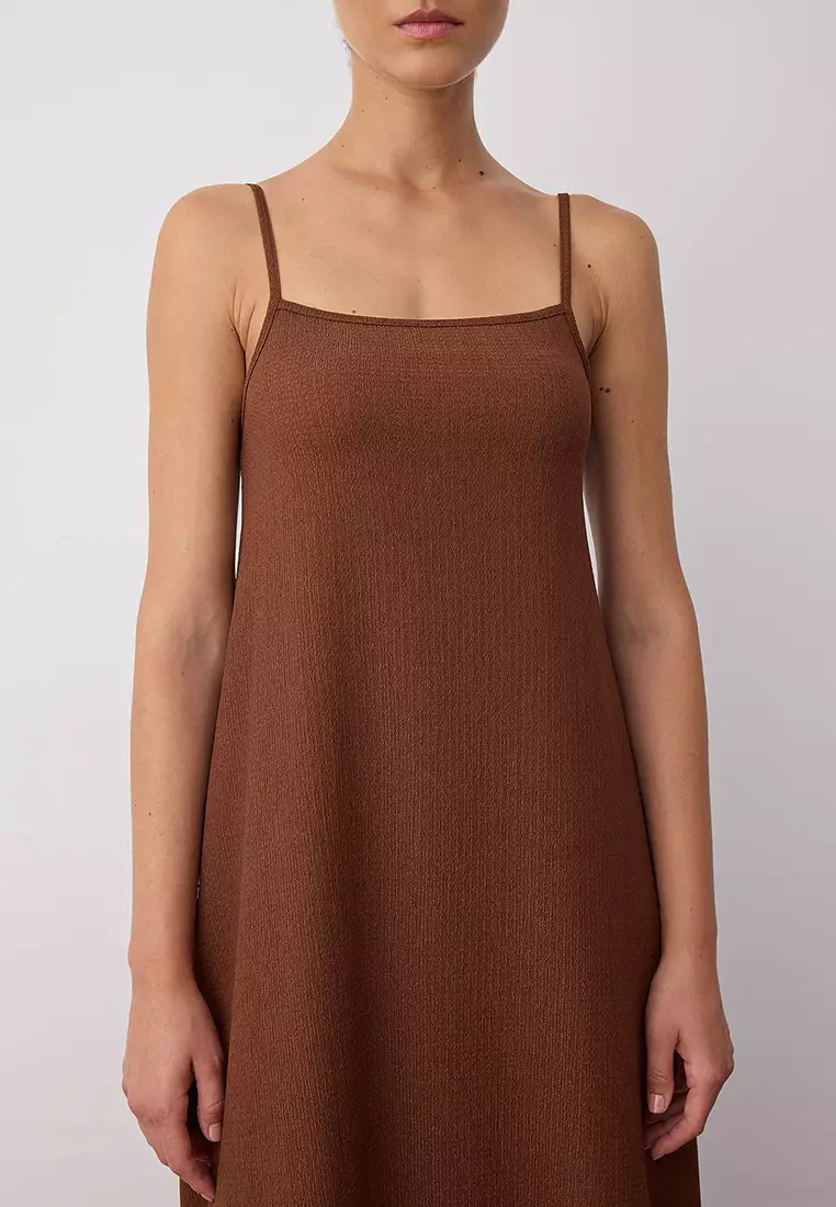 Brown Plain Adjustable Strap A-Line Crepe/Textured Knit Maxi Dress Twoss24El00060