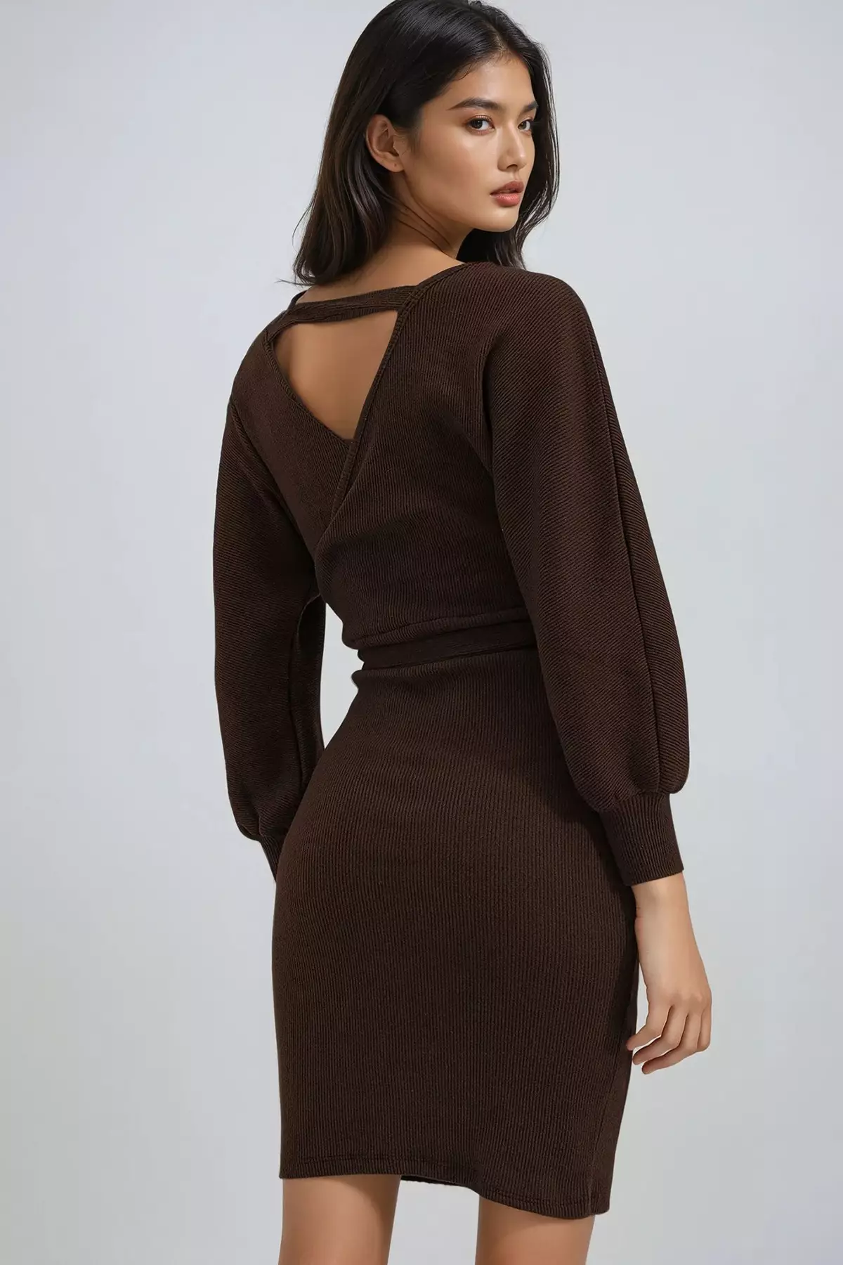 Women's Dark Brown Double-Breasted Batwing Sleeve Waist Belted Camisole Dress Alc-X7623