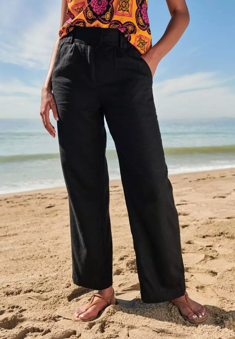 Black Linen Look Elasticated Waist Detail Trousers