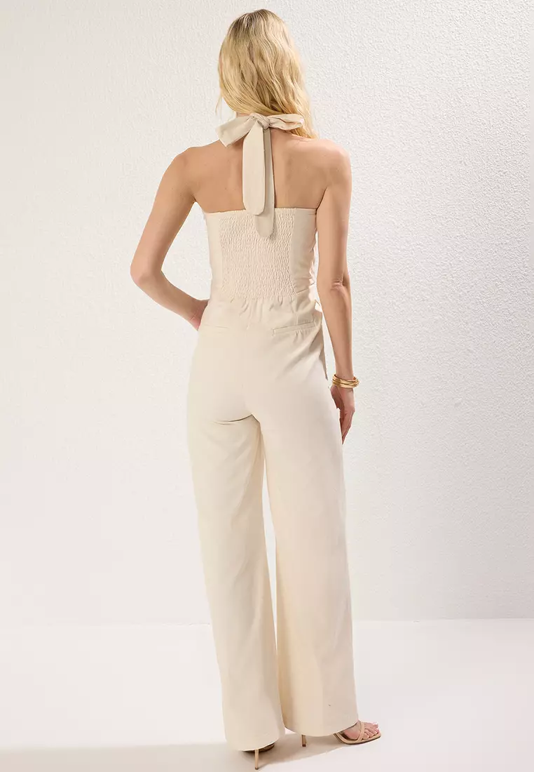 Stone Neck Tied Wide Leg Long Woven Overalls