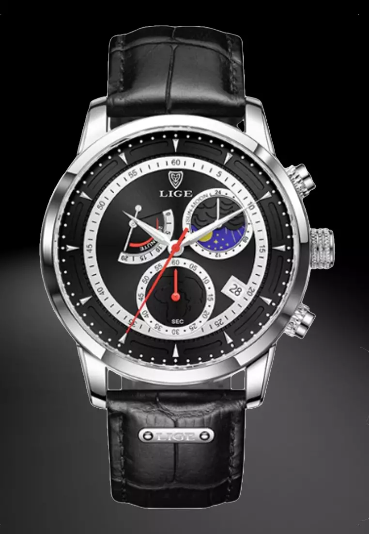 Chronograph Unisex Stainless Steel Quartz Watch, Black dial on Black Leather Strap